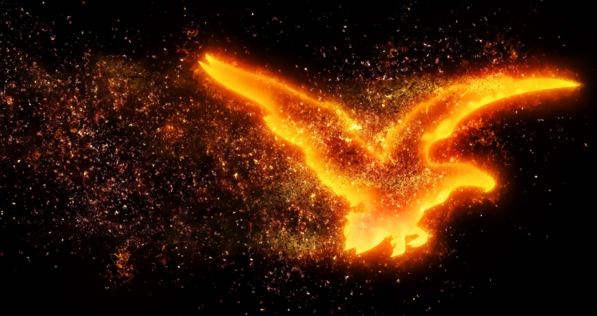 3d illustration of an abstract firebird flapping its wings on a black background